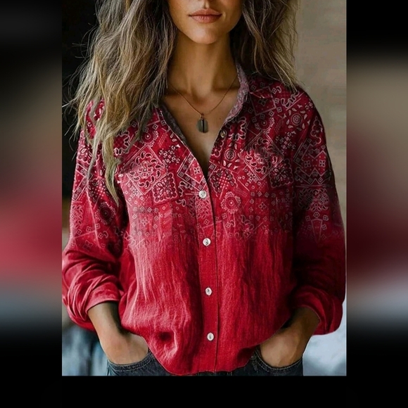 SHEIN Red Patterned Button-Down Shirt - Picture 1 of 5